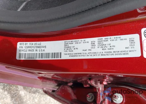 2025 Ram 1500 Lone Star 4X2 5'7 Box from USA, damaged, VIN 1C6RREFG7SN637415